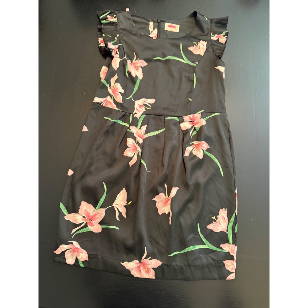 Orion London Floral Mini Dress Black Pink Lily Pleated Ruffle Sleeve Size M/L